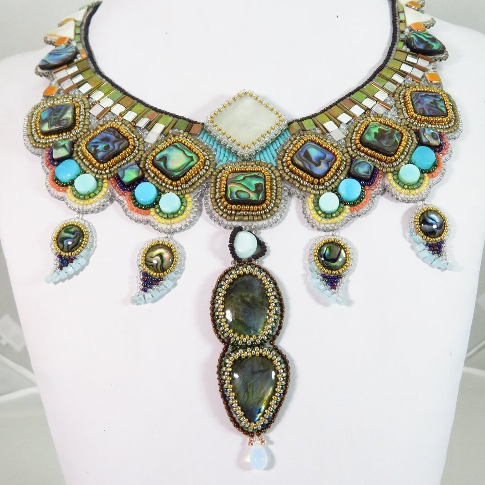 Abalone Opal Labradorite multi gemstone artisan necklace